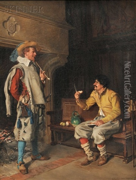 Two Cavaliers Relaxing In A Tavern Oil Painting - Jean Charles Meissonier