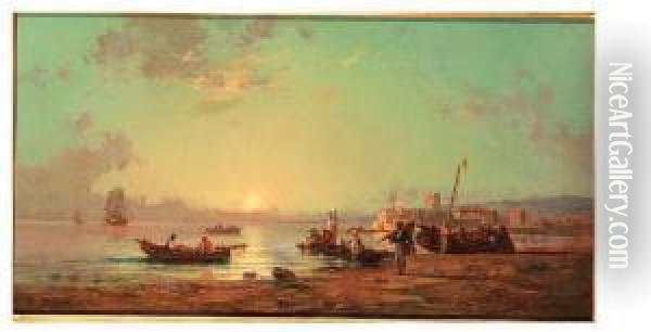 Italian Coastal Landscape With Fishermen Oil Painting - Paul Bistagne