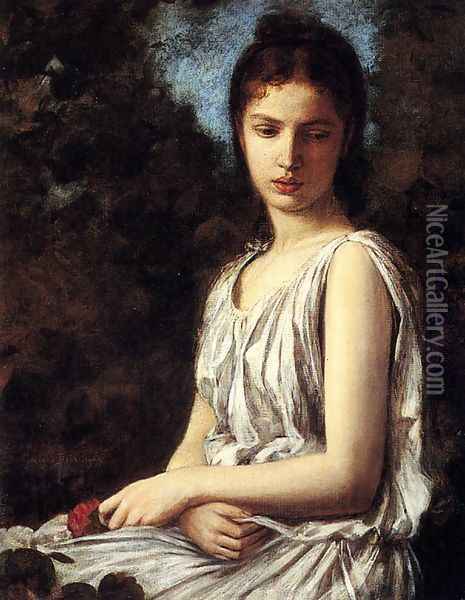 A Young Woman In Classical Dress Holding A Red Rose Oil Painting - Georges Bellanger