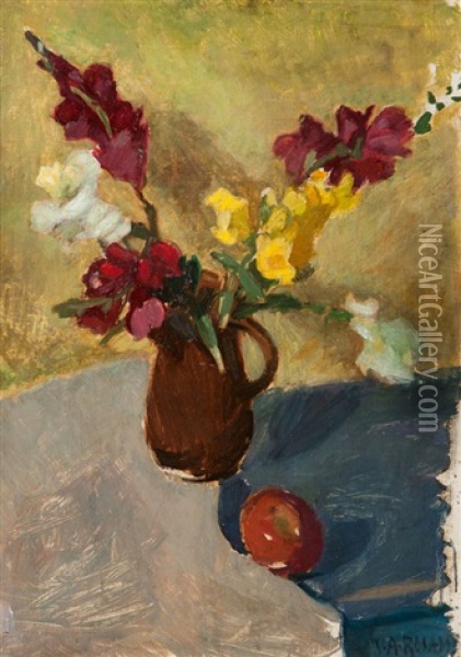 Still Life With Vase Of Flowers And Apple Oil Painting - Walter Alfred Rosam