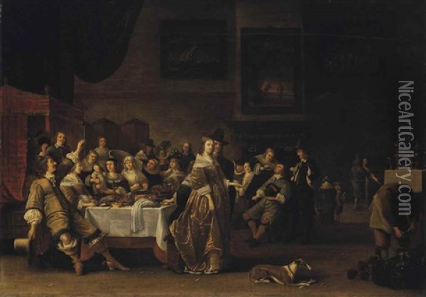 Elegant Company At A Banquet In An Interior Oil Painting - Anthonie Palamedesz