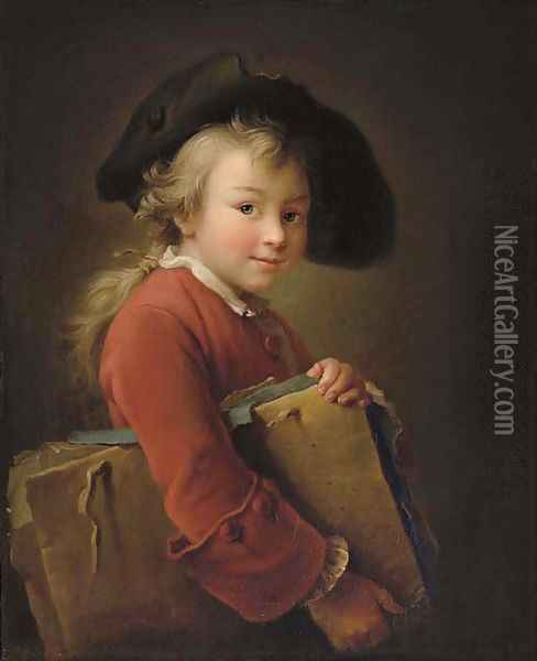 A young boy in a red jacket and black hat, holding a portfolio Oil Painting - Francois-Hubert Drouais