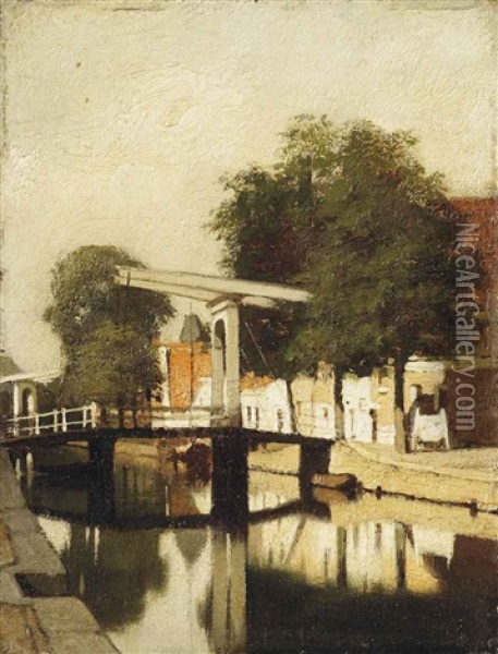 De Burgwal Met De Hagebrug Te Haarlem Oil Painting - Johannes Christiaan Karel Klinkenberg