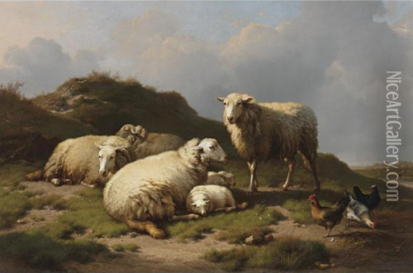 Sheep And Chickens In A Landscape Oil Painting - Eugene Joseph Verboeckhoven