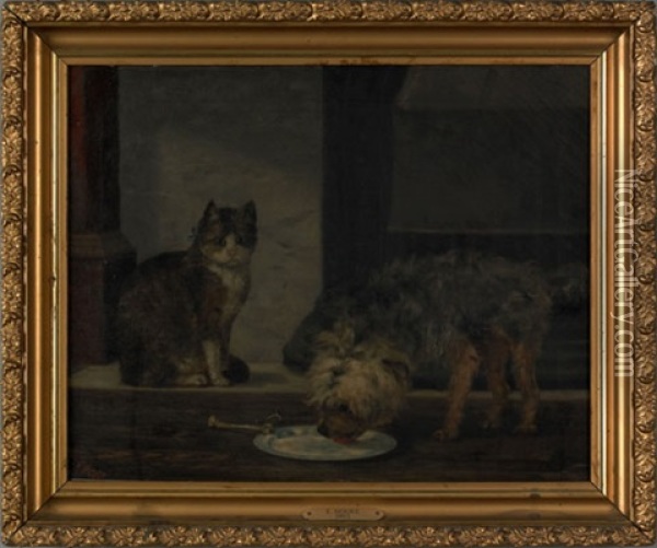 A Cat And Dog Oil Painting - Edwin Augustus Moore