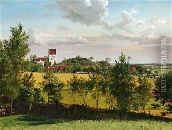 Landskab Med Udsigt Til Udby Kirke Oil Painting - Vilhelm Peter Karl Kyhn
