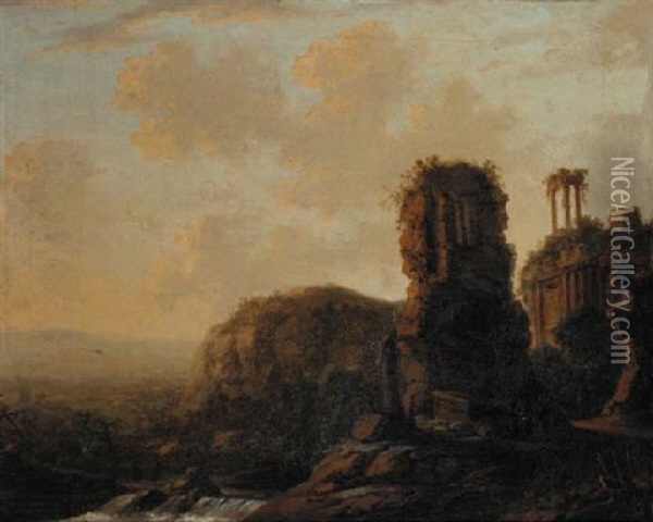 Extensive River Landscape With Capriccio Of Classical Ruins Oil Painting - Carl Ferdinand Fabritius