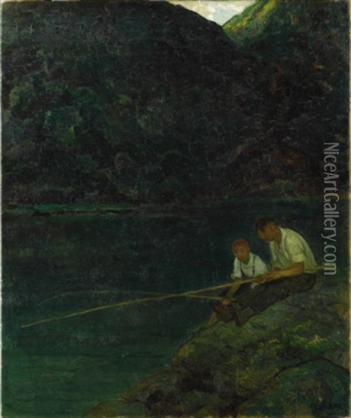 Boys Fishing In Litchfield Hills Oil Painting - Francis Luis Mora