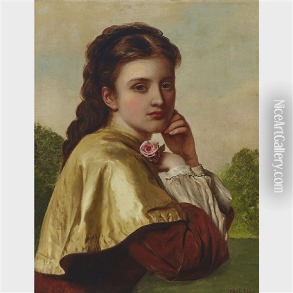 Lady In Satin Cape With Pink Rose, Ca. 1880 Oil Painting - Paul Peel