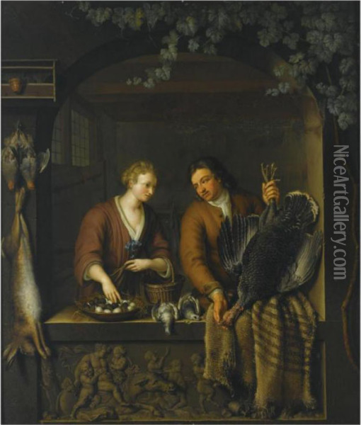 A Man And A Woman Selling Poultry, In A Niche Oil Painting - Willem van Mieris