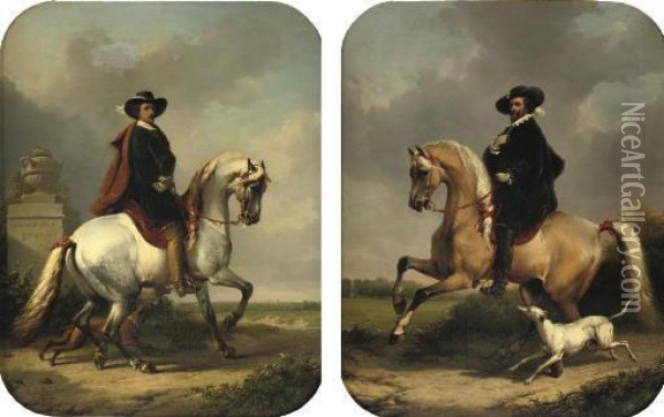 Sir Anthony Van Dyck; And Peter Paul Rubens: A Pair Of Equestrian Portraits Oil Painting - Eugene Joseph Verboeckhoven