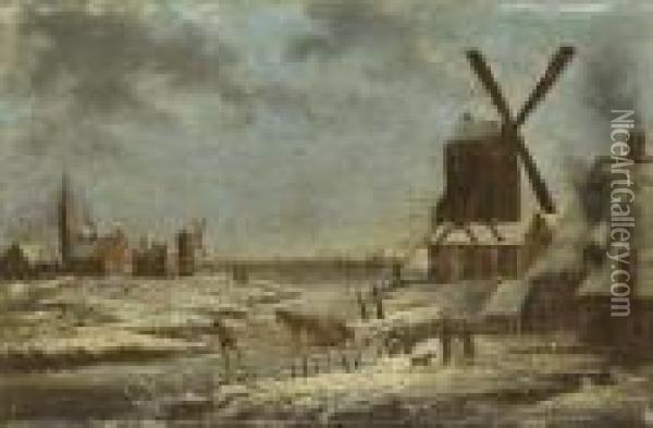 Paysage D'hiver Avec Un Moulin Oil Painting - Claes Molenaar (see Molenaer)