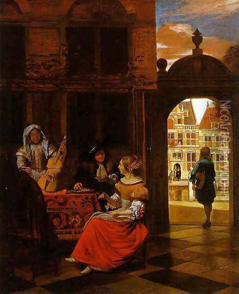 Musical Party in a Courtyard 1677 Oil Painting - Pieter De Hooch