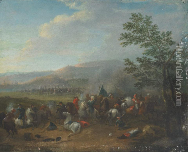 A Cavalry Skirmish In An Extensive River Landscape Oil Painting - Karel Van Breydel (Le Chevalier)