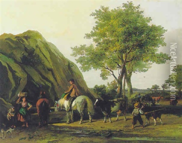 Figuren Met Paarden En Vee Bij Een Bron Oil Painting - Gysbertus Craeyvanger