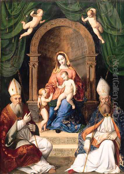 The Madonna and Child enthroned with the Infant Saint John the Baptist, and two Bishop Saints Oil Painting - Giovanni Battista Salvi, II Sassoferrato
