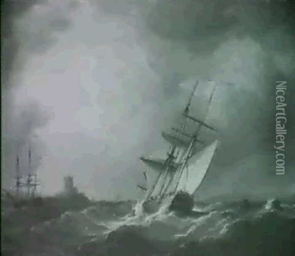 A Cutter Heeling Over In A Squall,                          Another Sailing Vassel And A Castle Beyond Oil Painting - Charles Brooking