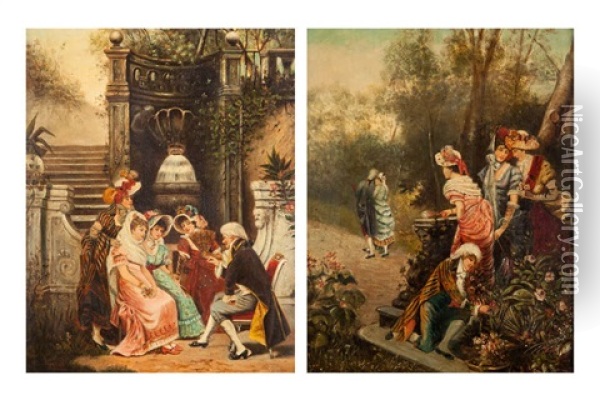 Compagnie Galante Pres De La Fontaine Et Scene De Parc Animee De Figures Sur Un Balcon (pair) Oil Painting - Conrad Kiesel