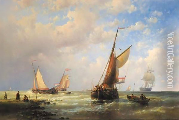 Dutch fishingboats setting out to sea with fishermen on the shore Oil Painting - Abraham Hulk Jun.