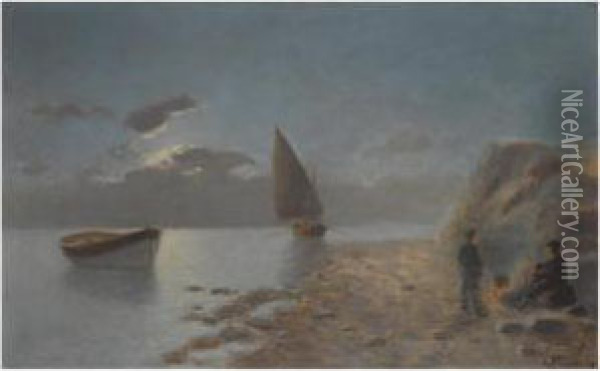 Boats By Moonlight Oil Painting - Emilios Prosalentis