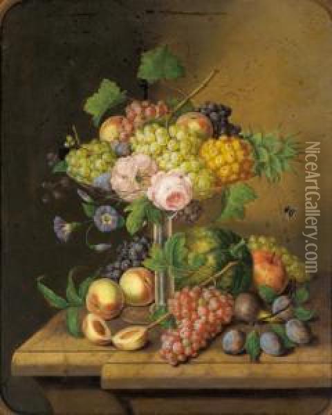Fruchte Und Blumenstilleben Auf Steinplatte Oil Painting - Georg Seitz