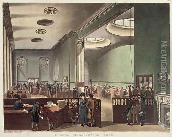 Royal Exchange, Lloyds Subscription Room, from Ackermanns Microcosm of London, 1809 Oil Painting - T. Rowlandson & A.C. Pugin