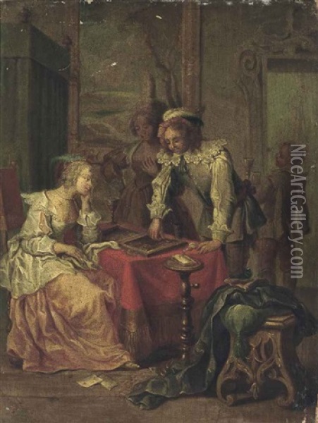 An Interior With Elegant Company Playing Tric-trac Oil Painting - Johann Georg Platzer
