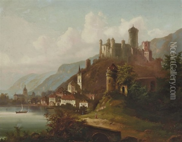 Stadtchen Mit Burg Am Seeufer Oil Painting - Johann Wilhelm Jankowski