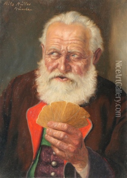 The Old Card Player Oil Painting - Fritz Muller