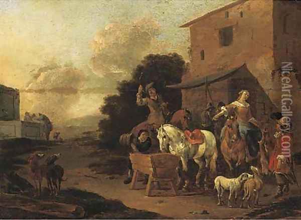A village inn with a hunting party halting to water horses Oil Painting - Pieter van Bloemen