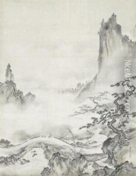 Chinese Landscape After Shubun Oil Painting - Kano Seisen'In