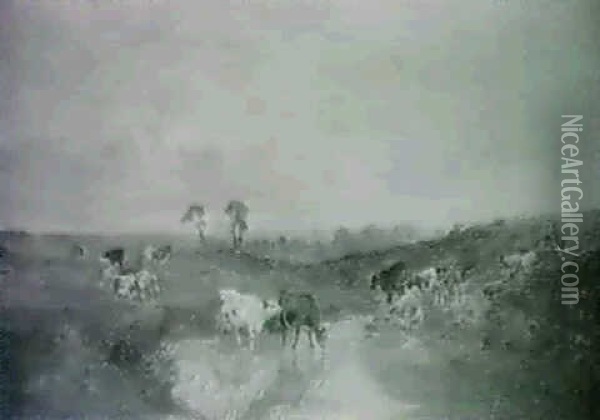 A Rural Landscape With Cattle Watering Oil Painting - Joseph Horlor