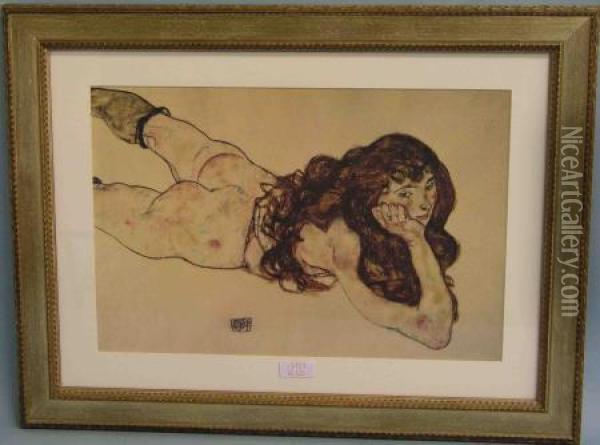 Auf Dem Bauch Liegender Weiblicher Akt Oil Painting - Egon Schiele