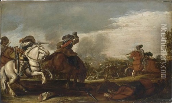 A Cavalry Battle Scene Oil Painting - Jan de Martszen the Younger