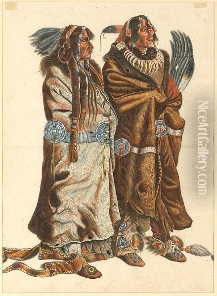 Sih-chida And Mahchsi-karehde, 
Mandan Indians; Pehriska-ruhpa, A Minitarre Warrior In The Costume Of A 
Dog Dancer (a Pair) Oil Painting - Karl Bodmer