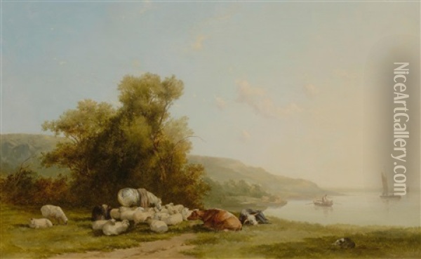 Animals Resting By A River Oil Painting - Thomas Francis Wainewright