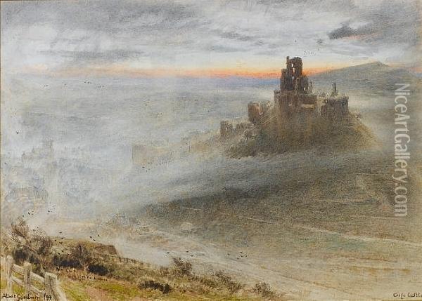 Corfe Castle At Dawn Oil Painting - Albert Goodwin