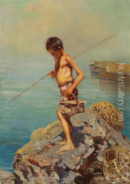 The Young Angler Oil Painting - Giuseppe Giardiello