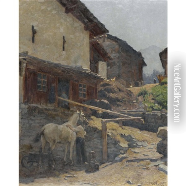Scene De Village En Valais Oil Painting - Edouard John E. Ravel