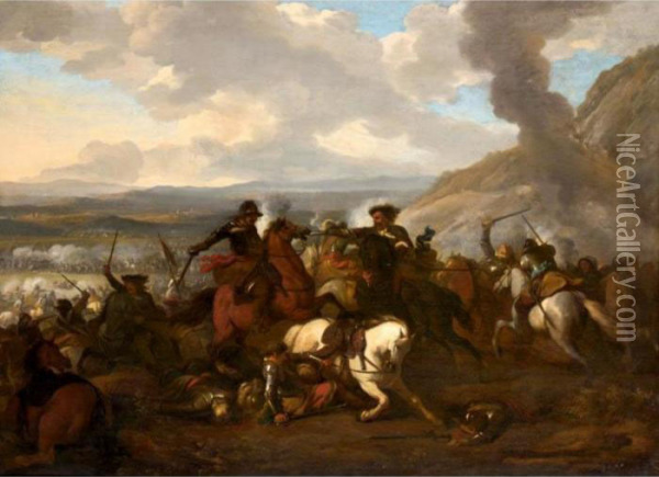 A Cavalry Engagment In A Landscape Oil Painting - Jan von Huchtenburgh