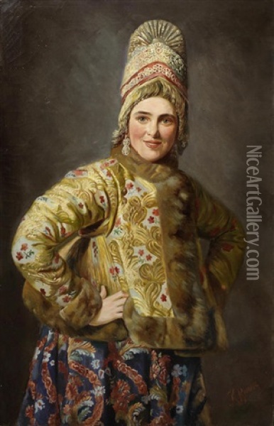 Portrait Of A Young Woman In Traditional Dress Unframed Oil Painting - Karl Bogdanovich Venig