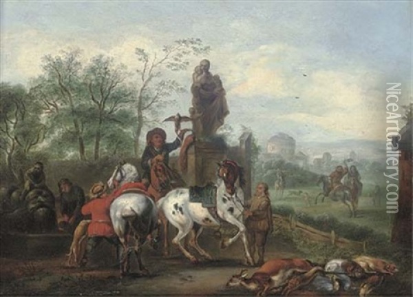 A Hawking Party At Halt By A Statue Oil Painting - Carel van Falens
