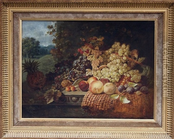 Still Life With Grapes And Other Fruit On A Ledge Oil Painting - George Lance