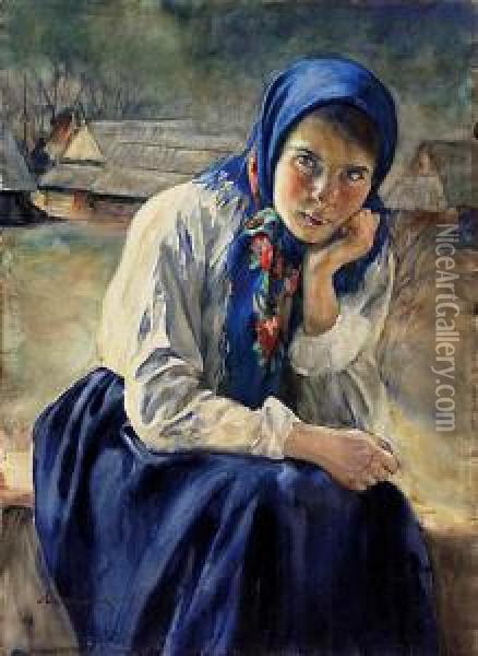 Portret Dziewczyny W Stroju Ludowym 1916 Oil Painting - Aleksander Augustynowicz