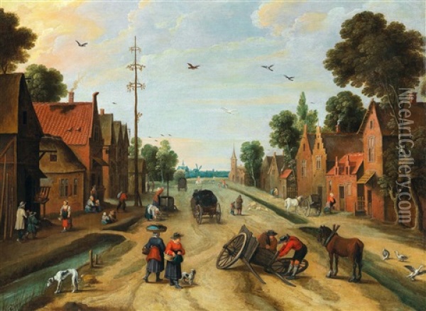 A Village Road With An Overturned Horse-drawn Cart (frans De Momper And Circle Of Sebastiaan Vrancx) Oil Painting - Frans de Momper