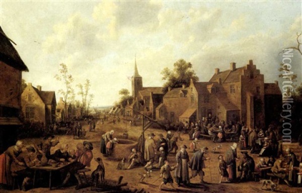 A Village Street Scene With Figures. Oil Painting - Joost Cornelisz. Droochsloot