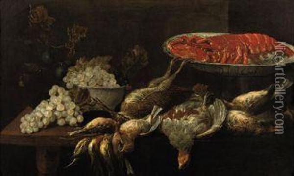 A Lobster On A Porcelain Plate, Grapes And Plums In A Porcelainbowl With Partridges, Bullfinches And Other Birds, All On A Woodentable Oil Painting - Joannes Fijt