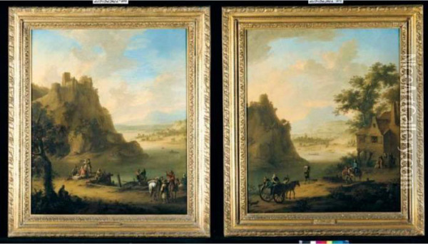 Rhenish Landscapes With Figures 
At A Quay Beneath A Hilltop Castle And A Horse And Cart And Other 
Travellers Near A Mill Oil Painting - Franz Ferg