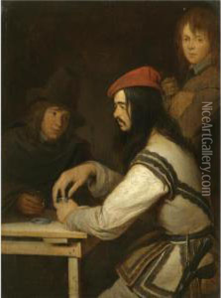 Three Men In A Tavern, One Taking Snuff Oil Painting - Gerard Terborch