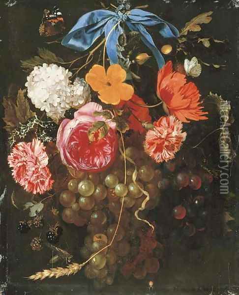 A poppy, a snowball, pink and yellow roses, carnations, grapes, blackberries, an ear of wheat and sprigs of oak and holly suspended by a ribbon Oil Painting - Maria van Oosterwyck